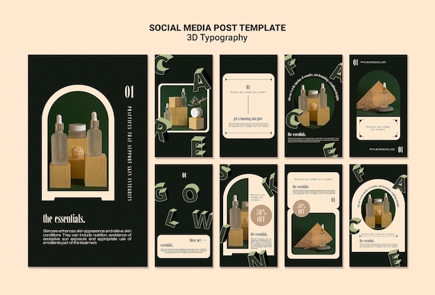 PSD collection d'histoires instagram pour l'affichage de bouteilles d'huile essentielle avec des lettres en trois dimensions