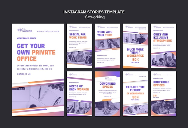 PSD collection d'histoires instagram pour l'espace de coworking