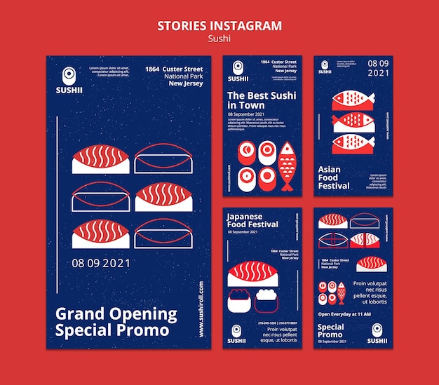 PSD collection d'histoires instagram pour le festival de la cuisine japonaise avec des sushis