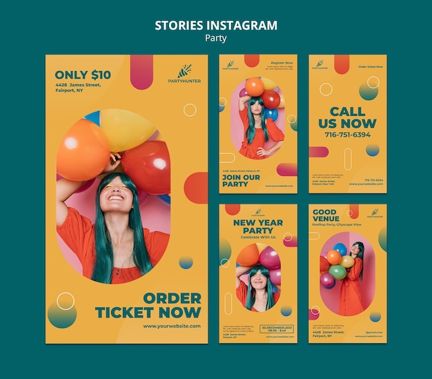 PSD collection d'histoires instagram pour une fête avec une femme et des ballons