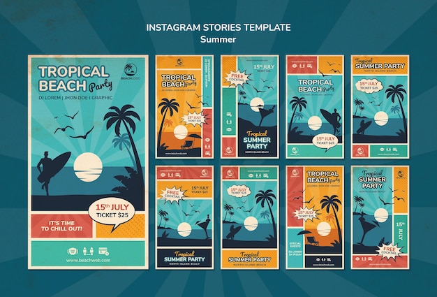 Collection d'histoires Instagram pour une fête sur la plage tropicale