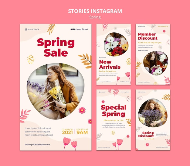 PSD collection d'histoires instagram pour magasin de fleurs avec des fleurs de printemps