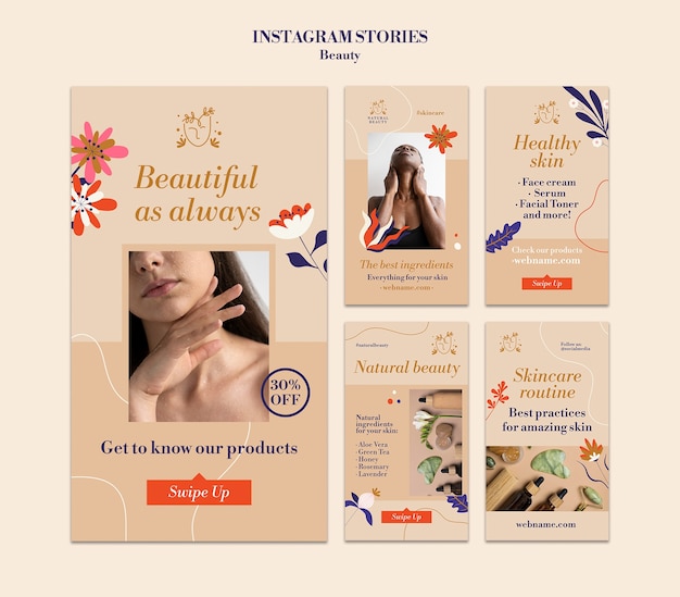 Collection d'histoires instagram de soins de la peau et de beauté avec des fleurs et des feuilles