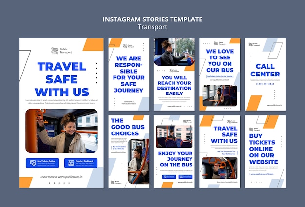 Collection d'histoires instagram de transport en bus public avec des formes géométriques