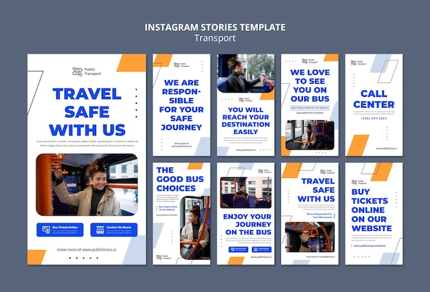 PSD collection d'histoires instagram de transport en bus public avec des formes géométriques