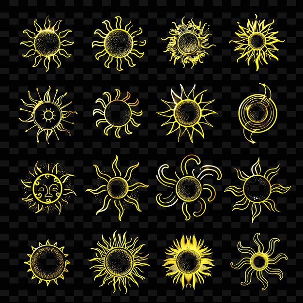 Collection D'icônes Du Soleil Avec Un Effet De Néon Doux Dans Un Ensemble Radiant Png Iconic Y2k Shape Art Decoratives