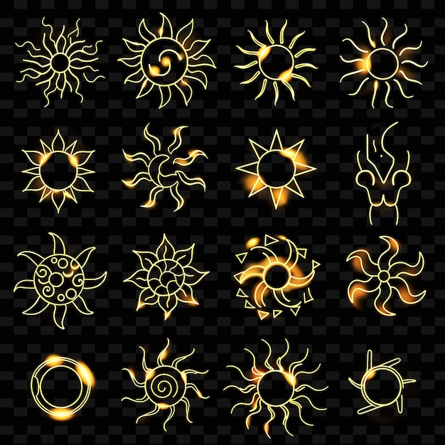 Collection D'icônes Du Soleil Avec Un Effet De Néon Doux Dans Un Ensemble Radiant Png Iconic Y2k Shape Art Decoratives