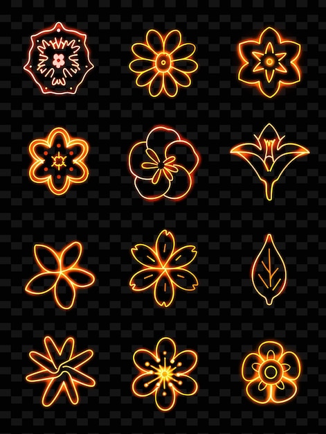 PSD collection d'icônes de fleurs avec une lueur de néon pulsante dans un ensemble de néon png iconic y2k shape art decorative