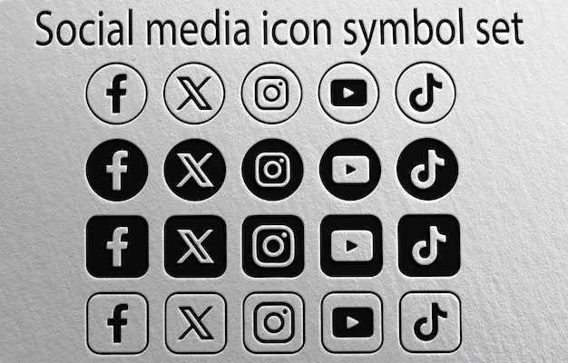 Collection d'icônes de médias sociaux monochromes facebook instagram youtube tiktok et x sur le bg texturé