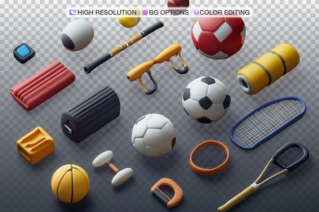 Collection d'icônes vectorielles 3D présentant différents équipements sportifs