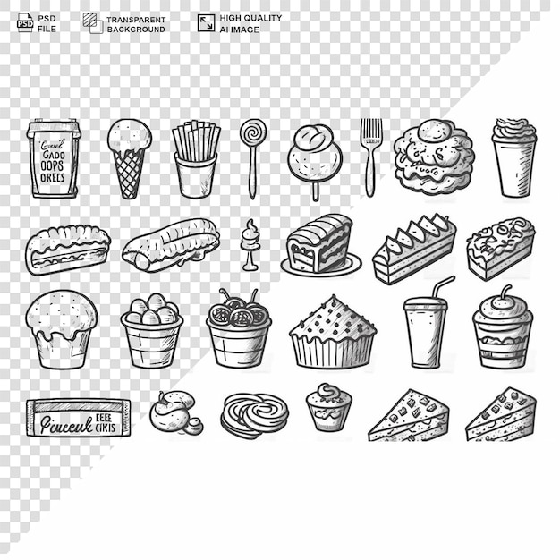 PSD collection d'illustrations pour la nourriture et le restaurant avec des contours noirs sur transparent