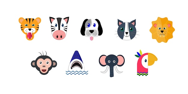 Une collection de jolis visages d'animaux de dessins animés