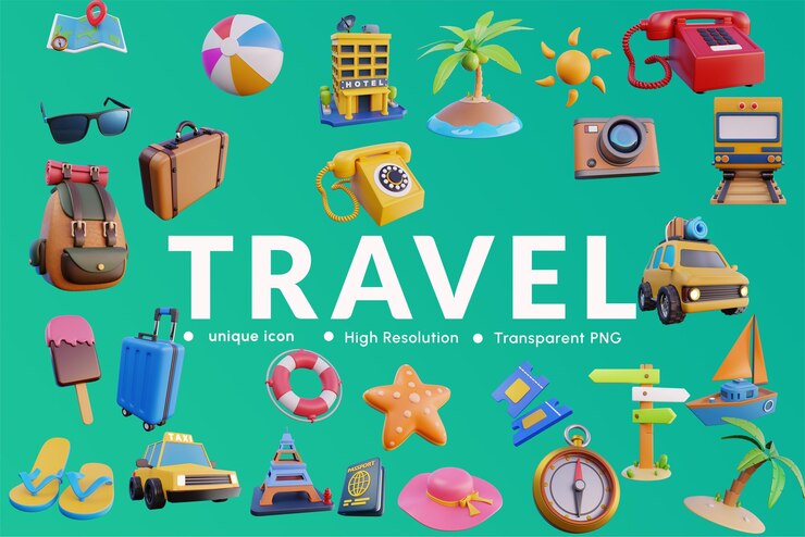PSD collection of 3d illustrations on the theme of tourism travel mountain climbing beaches
