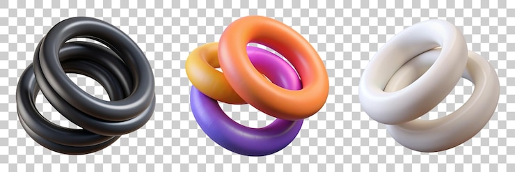 PSD collection of 3d rendering rubber bands in office supplies isolated on transparent background