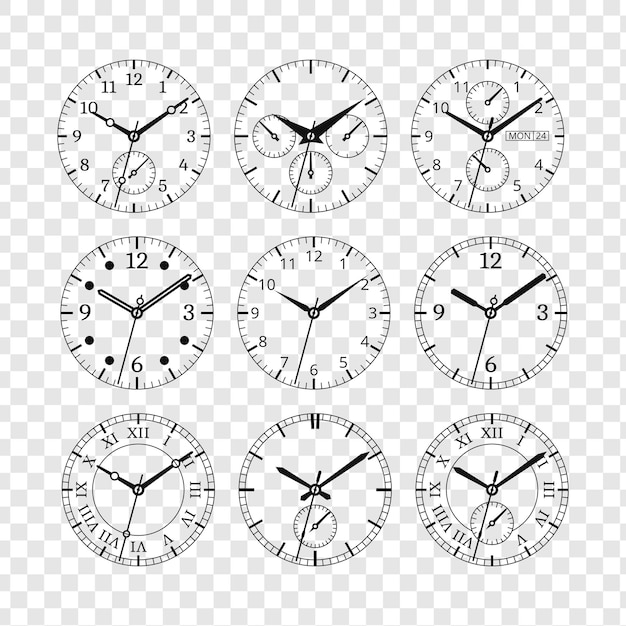 collection of analog clocks and watches with different dial designs and time displays isolated