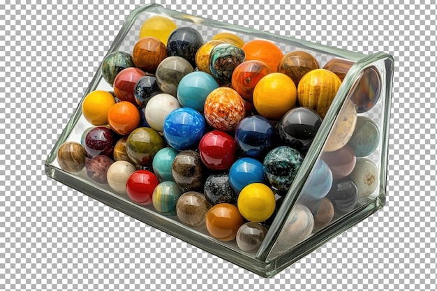 Collection of colorful decorative marbles displayed in a clear glass container with unique designs and patterns