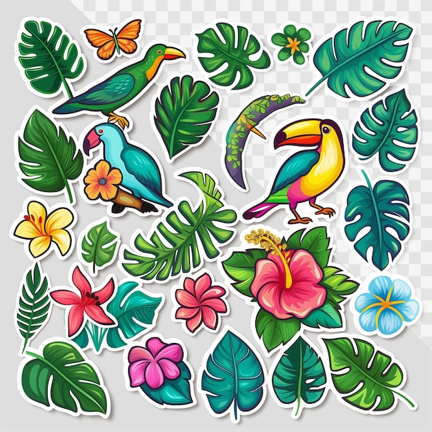 PSD a collection of colorful tropical flowers and birds