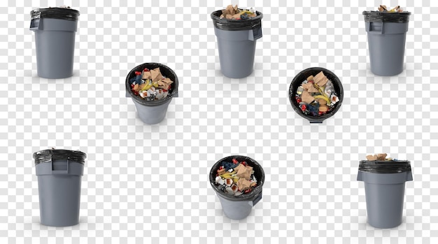 Collection of full grey trash cans with black lids