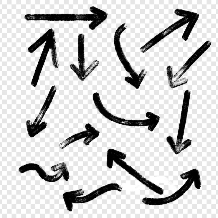 PSD collection of hand-drawn black arrows in various directions