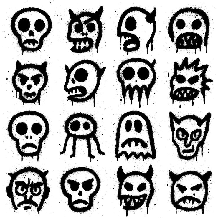 PSD collection of hand-drawn skull and devil graffiti art