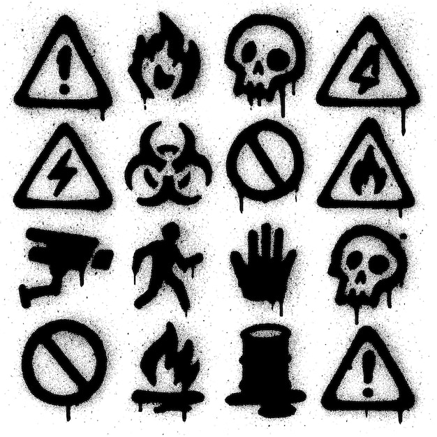 Collection of hazard warning symbols and signs in spray paint style