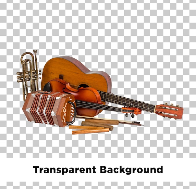 Collection of musical instruments on transparent background