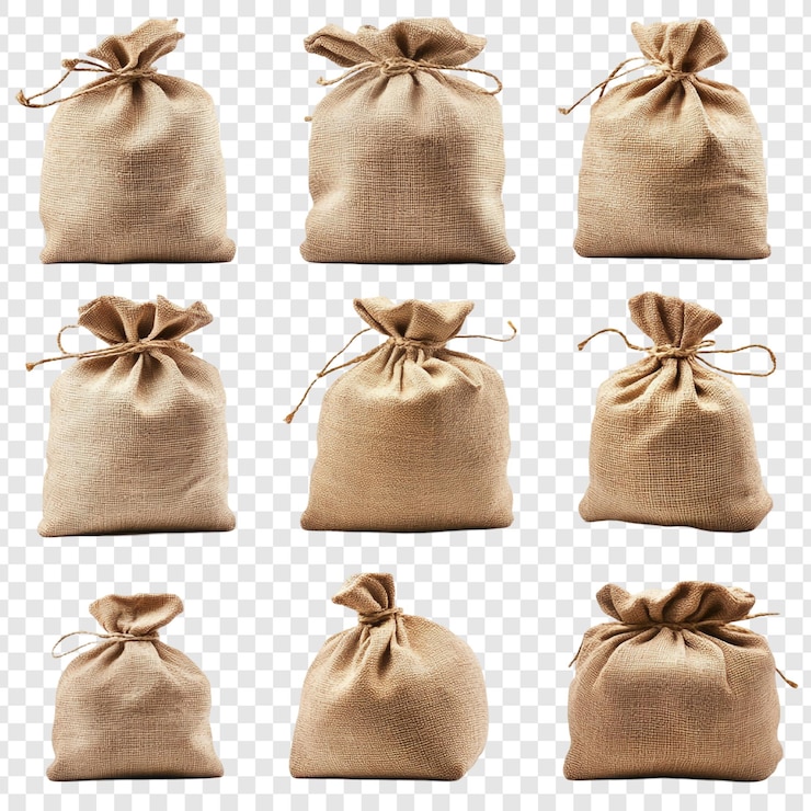 PSD collection of nine brown burlap bags