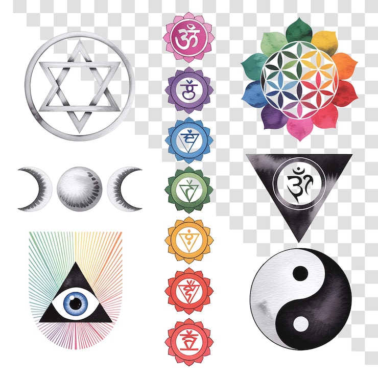 PSD collection of spiritual symbols chakras om flower of life yin yang