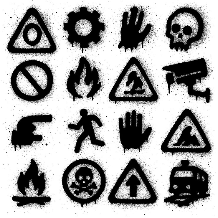 PSD collection of spray painted hazard and warning signs
