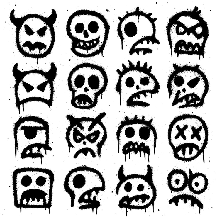 PSD collection of spray painted monster and skull faces