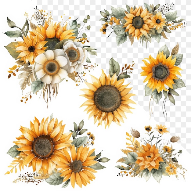 PSD a collection of sunflowers and flowers on a checkered background