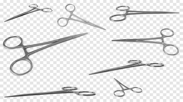 Collection of Surgical Forceps and Clamps on Transparent Background