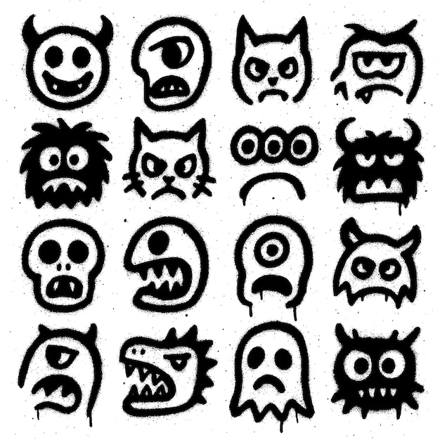 Collection of whimsical hand-drawn monster faces and expressions