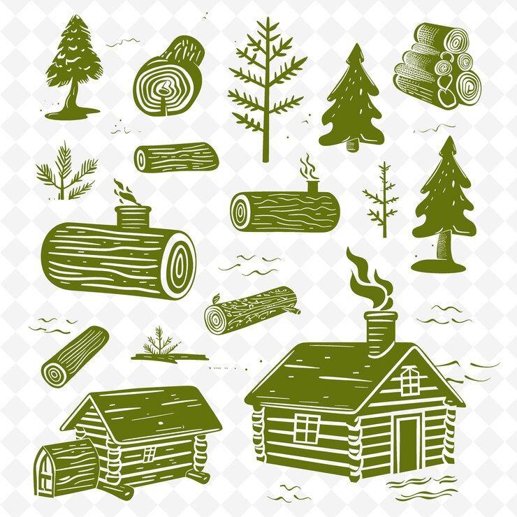 PSD une collection de photos d'arbres et d'une maison avec une bûche au milieu