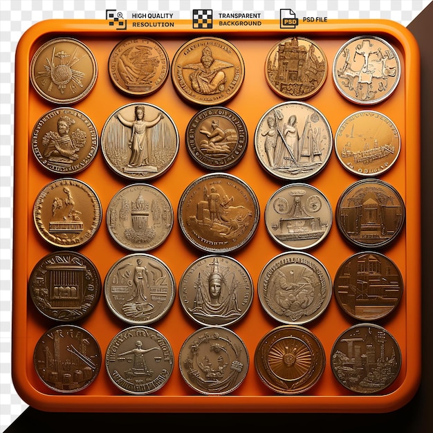 PSD collection de pièces de numismatiques photographiques réalistes affichée sur un plateau orange avec une variété de pièces en or, argent et formes rondes