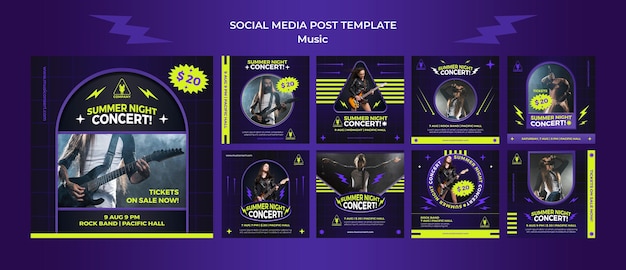 Collection de publications instagram au néon pour le concert d'une nuit d'été