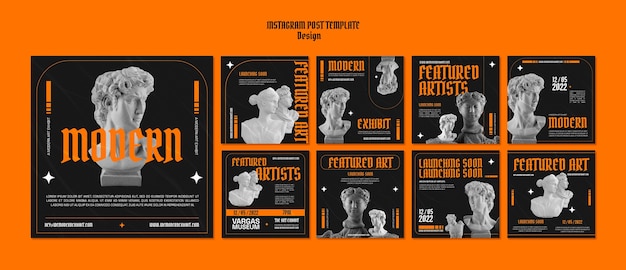 PSD collection de publications instagram de conception graphique avec statue en marbre