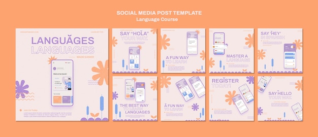 PSD collection de publications instagram de cours de langues étrangères dans un style floral