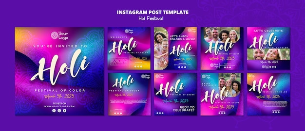 PSD collection de publications instagram du festival holi coloré dégradé