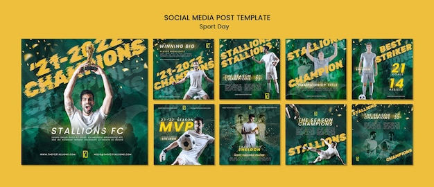 PSD collection de publications instagram de la journée sportive avec effet brillant et flou