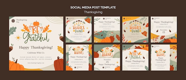 Collection de publications instagram pour le jour de Thanksgiving avec des détails automnaux