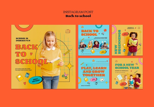 Collection de publications instagram pour la rentrée scolaire avec des éléments dessinés à la main