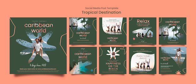 PSD collection de publications instagram avec style voyage et végétation