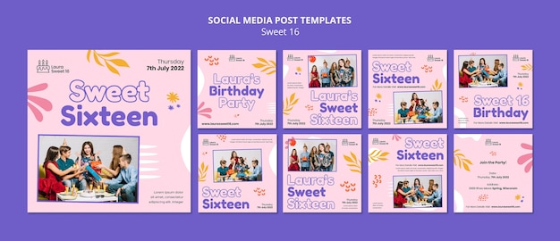 PSD collection de publications instagram sweet 16 celebration avec des feuilles