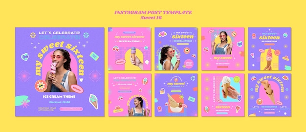 Collection de publications instagram Sweet 16 sur le thème de la crème glacée