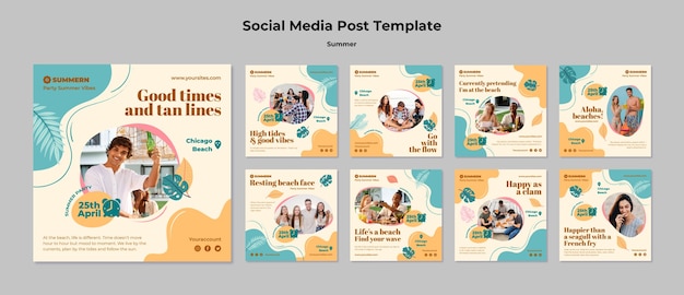 PSD collection de publications instagram verticales d'été avec des feuilles