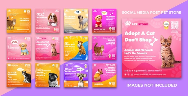 Collection de publications sur les réseaux sociaux pour l'adoption d'une animalerie avec un chien et un chat