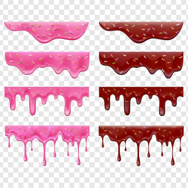 Collection réaliste de glaçage de beignets goutte à goutte avec des images isolées de rayures de confiture violettes et rouges