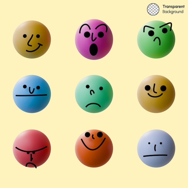 Une collection de sphères colorées avec diverses expressions faciales
