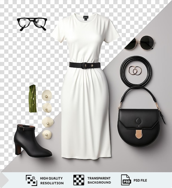 PSD une collection de vêtements de maternité de luxe et d'articles essentiels sur un mur blanc avec une robe blanche, une ceinture noire et des lunettes de soleil noires complétées par une rose blanche et un vase vert